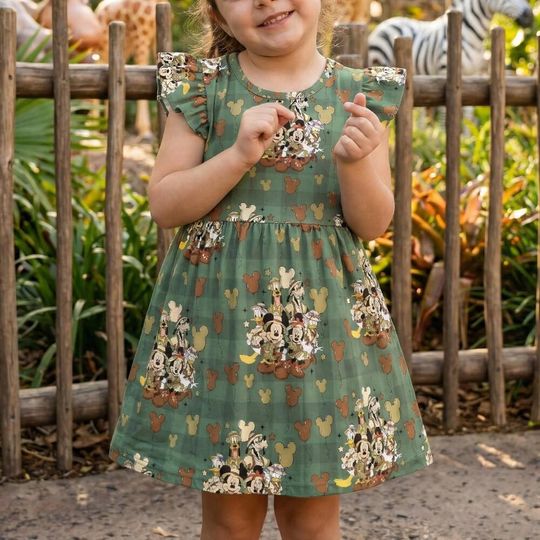 Classic Green Plaid Mickey Safari Friends Ruffle Dress, Gingham Animal Kingdom Expedition Outfit, Minnie Goofy Donald Summer Vacation Gift