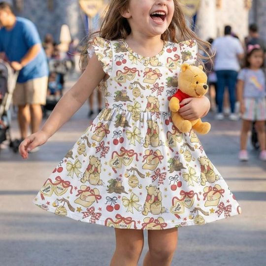 Sweet Vintage Sketch Winnie the Pooh Ruffle Dress, Hundred Acre Wood Honey Pot Bee Outfit, Red Gingham Bow Magic Kingdom Summer Gift Gear