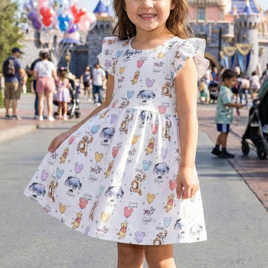 Discover Nostalgic Vintage Pooh and Friends Balloon Ruffle Dress, Tigger Piglet Eeyore Mickey Ear Outfit, Hundred Acre Wood Summer Vacation Girl Gear