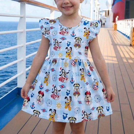 Blue Gingham Sailor Dress, Mickey Mouse Plaid Cruise Outfit, Disney Wish Treasure Trip Costume, Summer Vacation Clothing Kids
