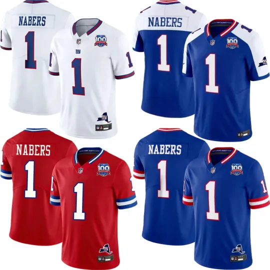 Discover Men's Giants #1 Malik Nabers 100 Seasons Game Player Jersey
