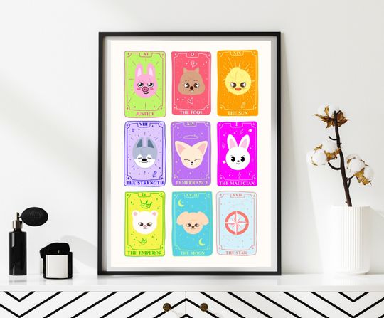 Stray Kids Skzoo Tarot Card Art, SKZ Poster, Neon Colours, Magic and Celestial, Kpop Wall Print