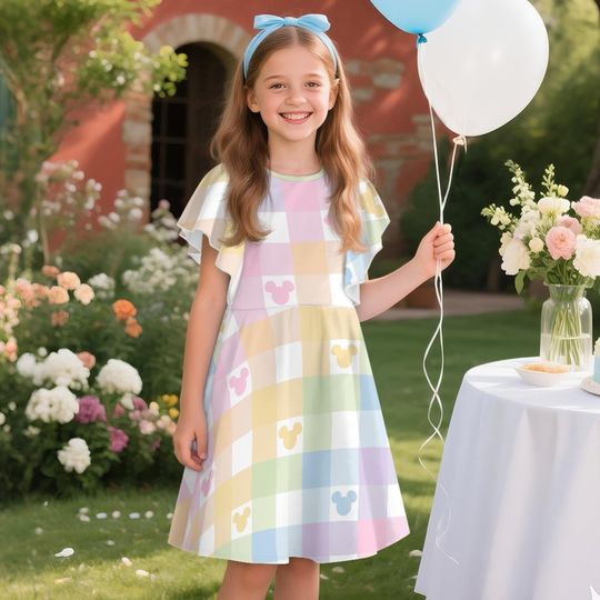 Discover Mickey Rainbow Checkeredboard Children's Ruffle Dress, Mickey Pastel Dress, Toddler Birthday Party Dress