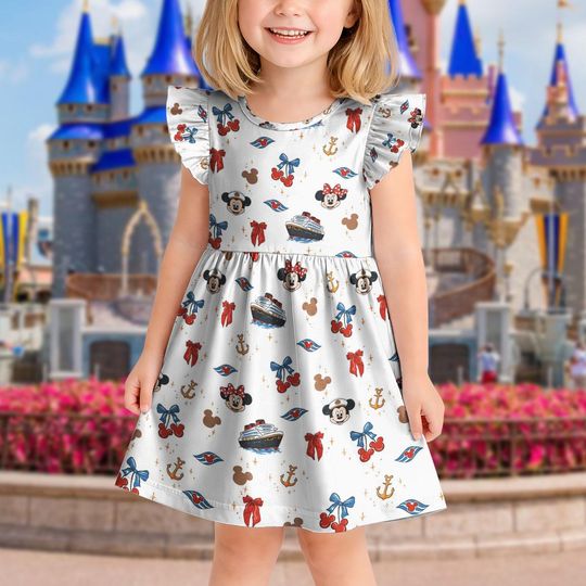 Discover Mickey and Friends Cruise Ruffle Dress, Mickey Inspired Toddler Girl Dress, Ruffle Sleeve Summer Princess Outfit