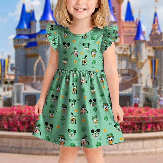 Disney Irish Shamrock Dress, Mickey and Friends Inspired Toddler Girl Dress, Ruffle Sleeve Summer Princess Outfit