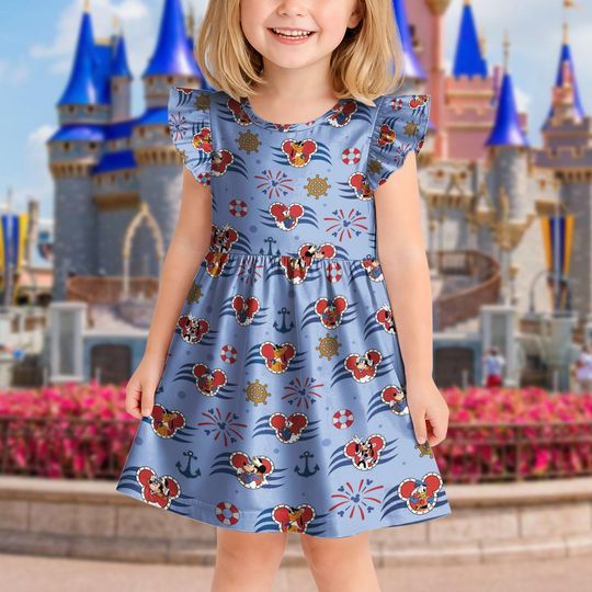 Discover Mickey Mouse Plaid Cruise Ruffle Dress, Disney Mickey Mouse Inspired Toddler Girl Dress, Ruffle Sleeve Summer Princess Outfit