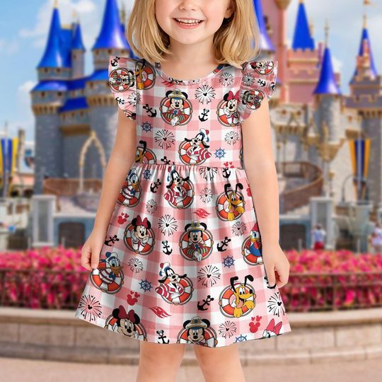 Discover Disney Cruise Dress, Mickey and Friends Inspired Toddler Girl Dress, Ruffle Sleeve Summer Princess Outfit