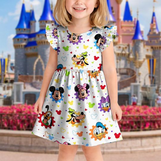 Discover Mickey and Friends Dress, Mickey and Friends Inspired Toddler Girl Dress, Ruffle Sleeve Summer Princess Outfit