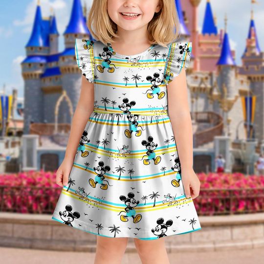 Mickey Mouse Summer Beach Dress, Mickey and Friends Inspired Toddler Girl Dress, Ruffle Sleeve Summer Princess Outfit