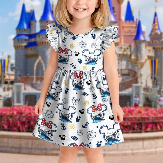 Disney Cruise Trip Dress, Mickey and Friends Inspired Toddler Girl Dress, Ruffle Sleeve Summer Princess Outfit