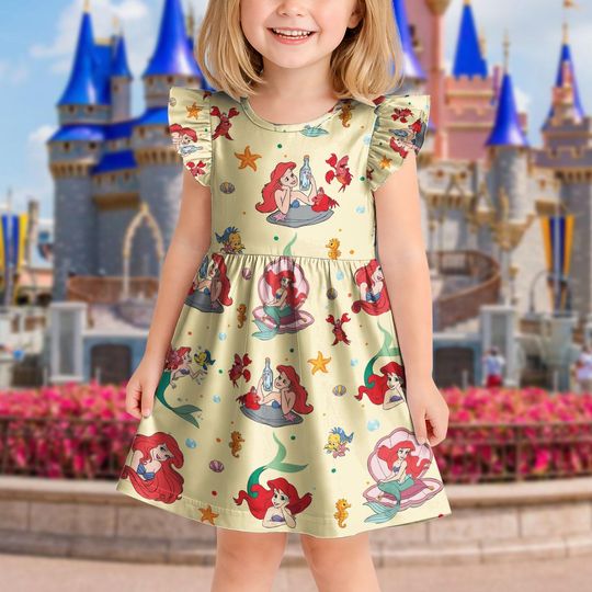 The Little Mermaid Dress, Disney The Little Mermaid Inspired Toddler Girl Dress, Ruffle Sleeve Summer Princess Outfit