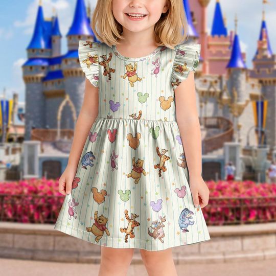 Discover Winnie the Pooh Balloon Ruffle Dress, Disney Pooh Toddler Dress, Kids Birthday Party Summer Outfit