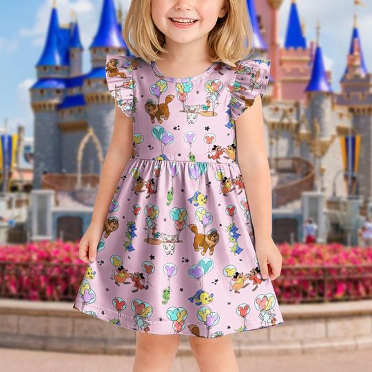 Disney Playful Balloon Ruffle Dress, Disney Characters Toddler Dress, Kids Birthday Party Summer Outfit