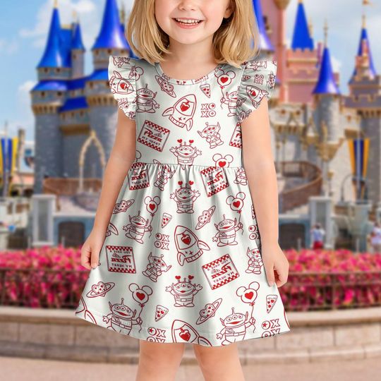 Red Sketch Pizza Planet Line Ruffle Dress, Toy Story Toddler Dress, Kids Birthday Party Outfit, Summer Dress