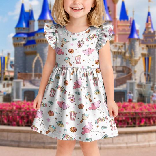 Magical Pastel Park Snacks Ruffle Dress, Disney Cartoon Theme Park Toddler Dress, Kids Birthday Vacation Outfit