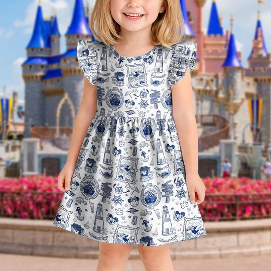 Blue Sketch Disney Cruise Line Ruffle Dress, DCL Nautical Mickey Minnie Stitch Outfit, Kids Summer Party Outfit