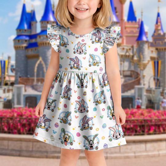 Discover Disney Happy Easter Day Ruffle Dress, Mickey and Friends Toddler Dress, Kids Easter Party Outfit, Spring Princess Dress