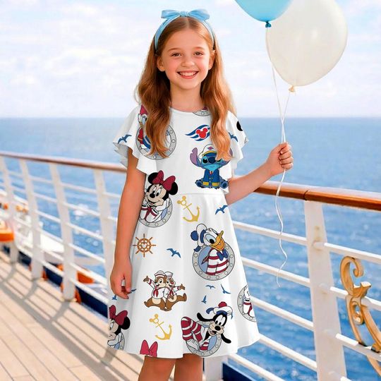 Chip N Dale Stitch Mickey Donald Daisy Friend Disney Cruise Children's Ruffle Dress, Mickey And Friends Shirt, Toddler Birthday Dress