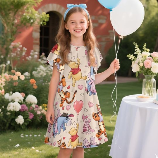 Pooh Tigger Piglet Eeyore Friend Valentine Balloon Children's Ruffle Dress, Winnie The Pooh Dress, Toddler Birthday Party Dress
