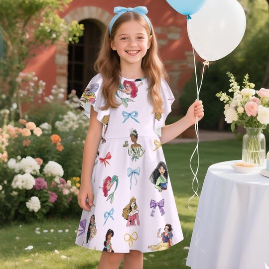 Mulan Moana Tangled Belle Coquette Bow Children's Ruffle Dress, Disney Princess Dress, Toddler Birthday Party Dress