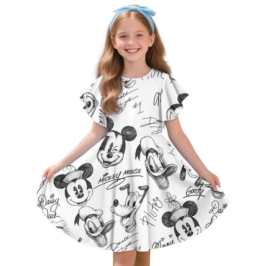 Mickey Minnie Donald Daisy Pluto Classic Big Face Children's Ruffle Dress, Mickey And Friends Dress, Toddler Birthday Party Dress