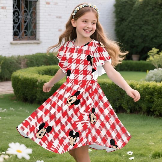 Mickey Emotions Shade Red White Plaid Children's Ruffle Dress, Mickey Mouse Dress, Toddler Birthday Party Dress