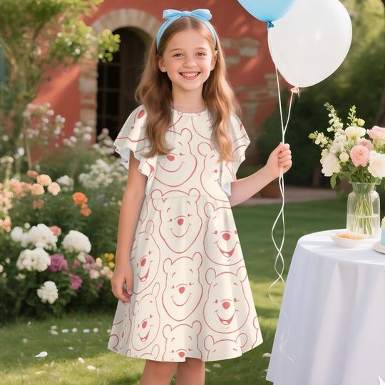 Pooh Big Face Children's Ruffle Dress, Winnie The Pooh Dress, Toddler Birthday Party Dress