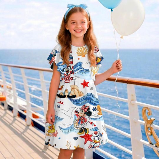 Mickey Minnie Donald Pluto Goofy Cruise Time At Sea Ruffle Dress, Mickey and Friends Sea Adventure Dress,  Disney Cruise Line