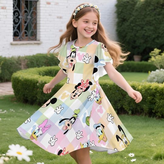 Discover Mickey Minnie Pluto Goofy Donald Daisy Pastel Ruffle Dress, Mickey And Friends Dresss, Toddler Birthday Party Dress