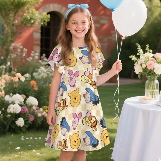 Pooh Piglet Eeyore Tigger Pastel Checkeredboard Ruffle Dress, Winnie The Pooh Dress, Toddler Birthday Party Dress