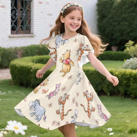 Pooh Pigglet Tigger Eeyore Water Color Spring Time Children's Ruffle Dress, Winnie The Pooh Dress, Disney Vacation Trip 2026