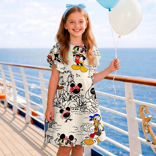 Discover Mickey Donald Daisy Pirate Map Disney Wish Cruise Children's Ruffle Dress, Disney Trip Outfit, Toddler Birthday Party Dress