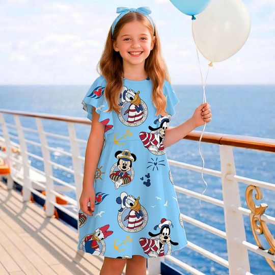 Discover Mickey Minnie Pluto Goofy Donald Daisy Cruise Time Line Destiny Children's Ruffle Dress, Disney Trip Outfit, Toddler Birthday Party Dress