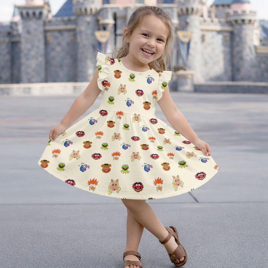 Discover The Muppets Ruffle Dress for Girls, Kermit Miss Piggy Dress, Retro Cartoon Dress Outfit, Cute Toddler Twirl Dress, Cute Muppets Dress