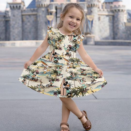 Disney Character Beach Ruffle Dress for Girls, Disney Hawaiian Dress, Summer Vacation Outfit, Theme Park Twirl Dress, Summer Dress
