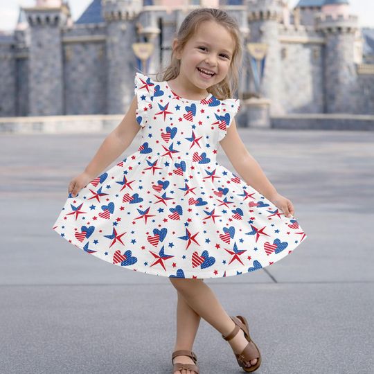 Patriotic Hearts Ruffle Dress for Girls, 4th of July Girl Dress, Red White Blue Star Outfit, Independence Day Girl Dress, Gift For Girl