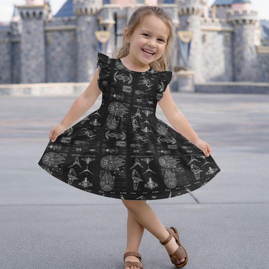 Star Wars Ruffle Dress for Girls, Space Blueprint Dress, Galaxy Girl Outfit, Sci Fi Birthday Dress, Disney Trip Girl Dress, Disney Worl
