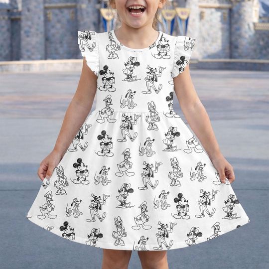 Discover Mickey Mouse Vintage Sketch Ruffle Dress for Girls, Classic Disney Outfit, Disney Character Cartoon Dress, Disney Trip Outfit