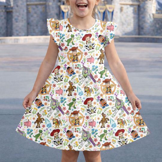Toy Story Ruffle Dress, Disney Pixar Aloha Dress, Woody Buzz Vacation Shirt, Disney Summer Cartoon Dress, Disney Tropical Dress