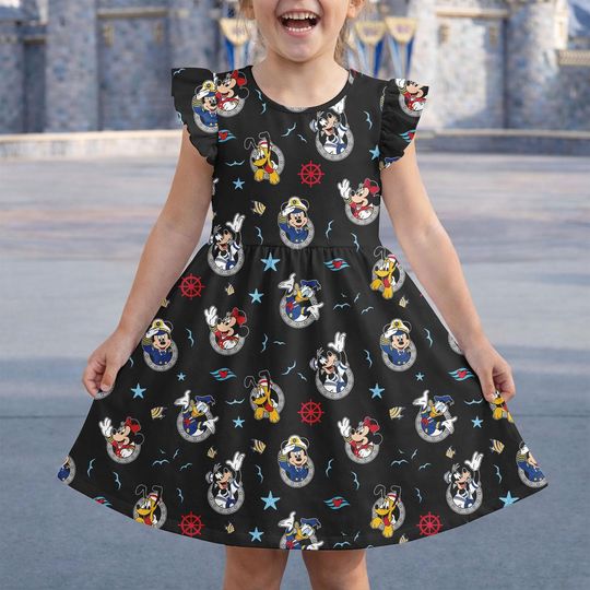 Discover Disney Cruise Line Flutter Sleeve Dress, Donald Daisy Goofy Sea Adventure Wear, Adventurous Pirate Mickey and Friends Night Dress