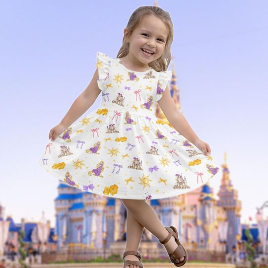 Rapunzel Tangled Princess Ruffle Dress, Disney Princess Flutter Sleeve Dress, Disney Coquette Bow Kid Dress, Disney Vacation 2026 Dress