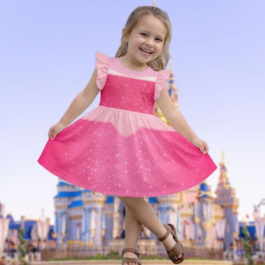 Discover Princess Aurora Ruffle Dress, Disney Pink Princess Flutter Sleeve Dress, Disneybound 2026 Kid Dress, Cute Birthday Girl Gifts