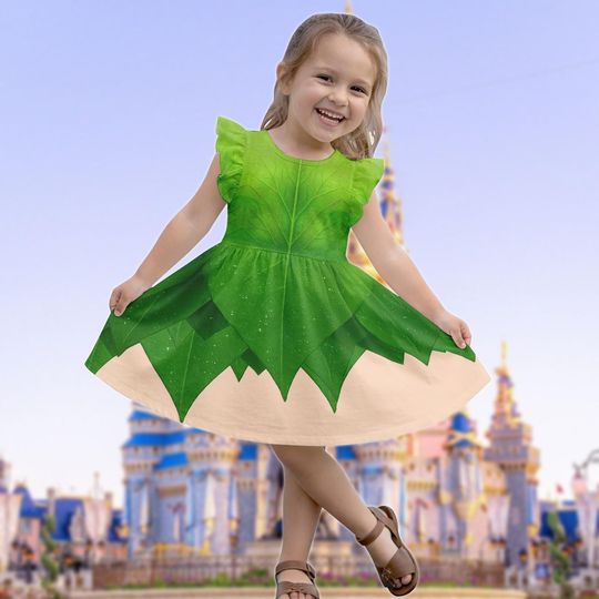 Princess Tinker Bell Ruffle Dress, Disney Green Fairy Flutter Sleeve Dress, Disneybound 2026 Kid Dress, Birthday Girl Gifts