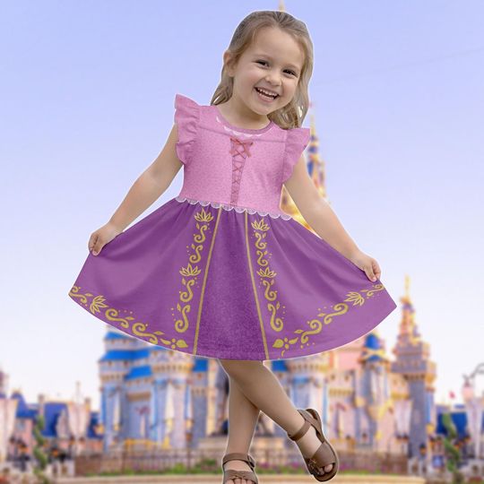 Princess Rapunzel Ruffle Dress, Disney Tangled Princess Flutter Sleeve Dress, Summer Disneybound 2026 Kid Dress, Birthday Girl Gifts