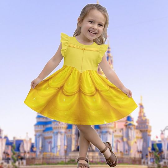 Discover Belle Princess Ruffle Dress, Beauty And The Beast Flutter Sleeve Dress, Disney Princess Kid Dress, Birthday Girl Gifts, Summer Dress