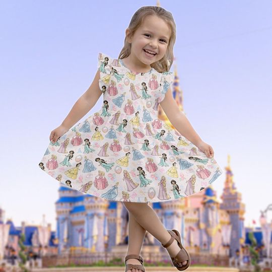 Disney Princess 2026 Ruffle Dress, Rapunzel Cinde Belle Princess Flutter Sleeve Dress, Magic Kingdom Kid Dress, Birthday Girl Gift