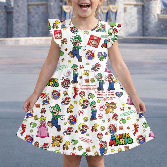Super Mario Bros Ruffle Dress, Mario Flutter Sleeve Dress, Princess Peach Mario Dress For Her, Super Mario Fan Gift