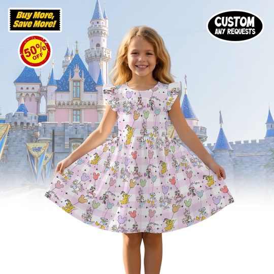 Whimsical Sketch Ruffle Dress, Mickey Mouse Balloon Outfit, Vintage Disney Park Costume, Toddler Girl Birthday Gift Summer Trip