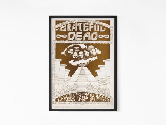 Grateful Dead 1972 Memorial Auditorium Kansas City Vintage Concert Poster, Rock Band Poster