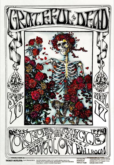 Grateful Dead Fillmore West 1967 Avalon Ballroom Poster Skeleton Roses Vintage Psychedelic Rock Concert Wall Art
